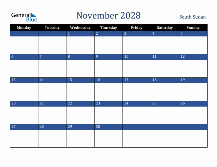 November 2028 South Sudan Calendar (Monday Start)