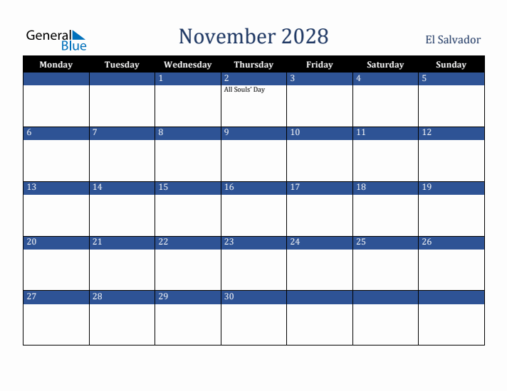 November 2028 El Salvador Calendar (Monday Start)