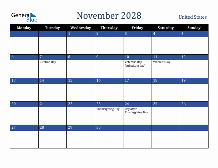 November 2028 United States Calendar (Monday Start)
