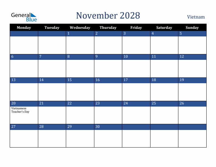 November 2028 Vietnam Calendar (Monday Start)