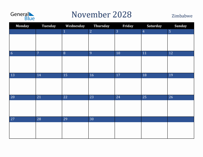 November 2028 Zimbabwe Calendar (Monday Start)