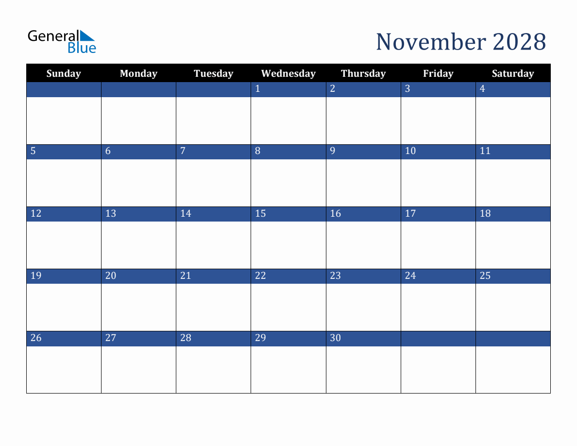 November 2028 Downloadable Sunday Start Calendar