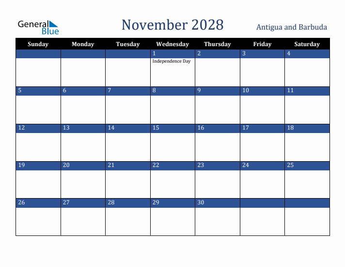 November 2028 Antigua and Barbuda Calendar (Sunday Start)