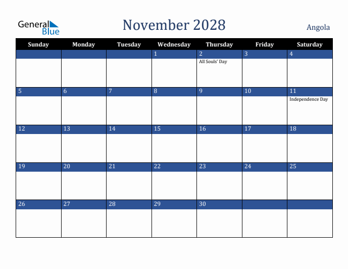 November 2028 Angola Calendar (Sunday Start)