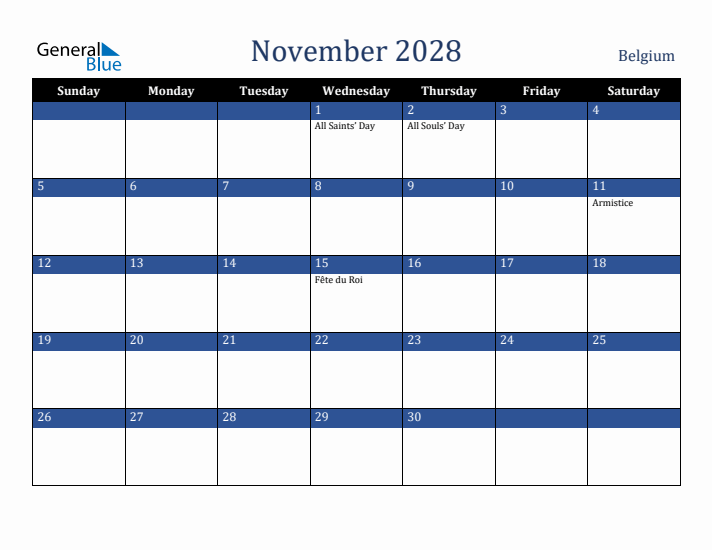 November 2028 Belgium Calendar (Sunday Start)