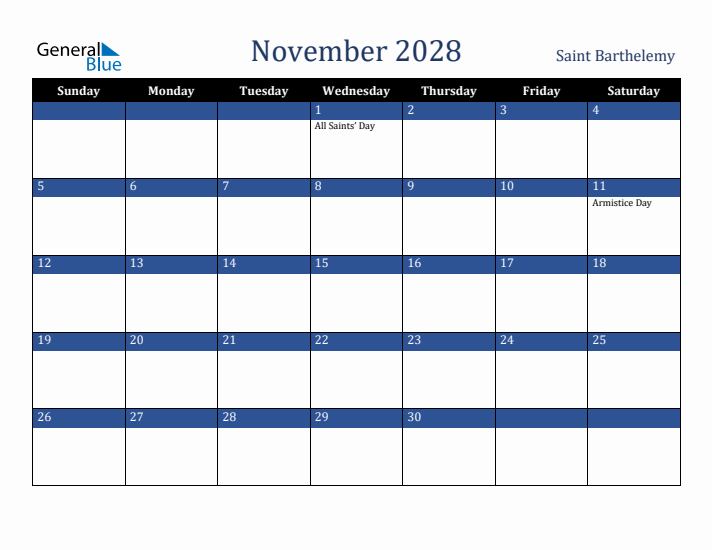 November 2028 Saint Barthelemy Calendar (Sunday Start)