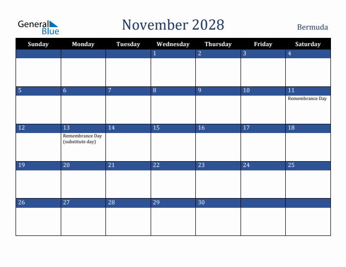 November 2028 Bermuda Calendar (Sunday Start)