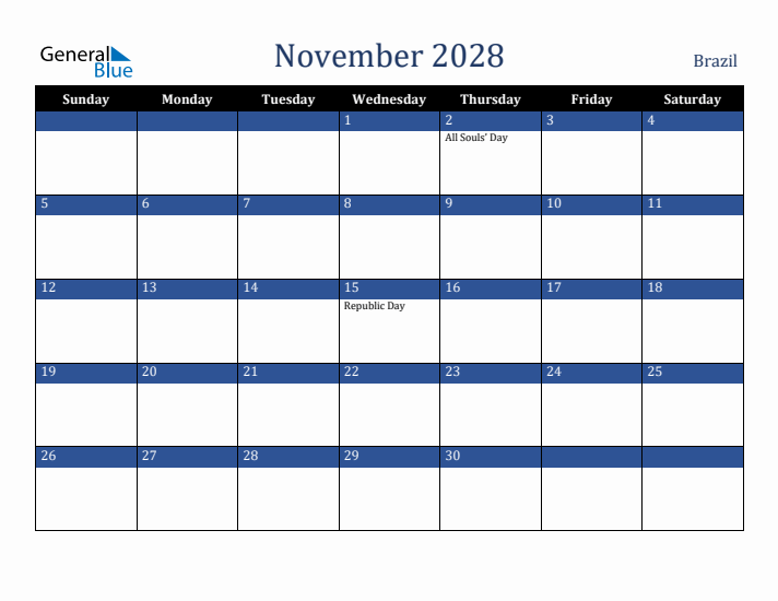 November 2028 Brazil Calendar (Sunday Start)