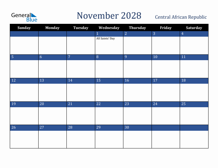 November 2028 Central African Republic Calendar (Sunday Start)