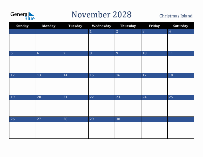 November 2028 Christmas Island Calendar (Sunday Start)