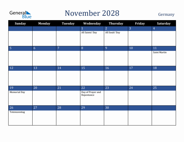 November 2028 Germany Calendar (Sunday Start)