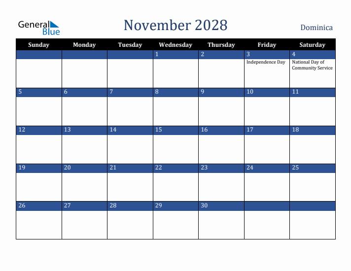 November 2028 Dominica Calendar (Sunday Start)