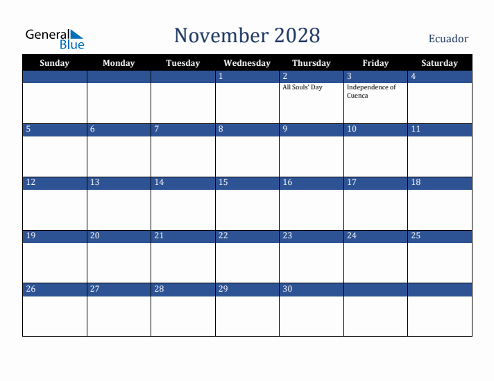 November 2028 Ecuador Calendar (Sunday Start)