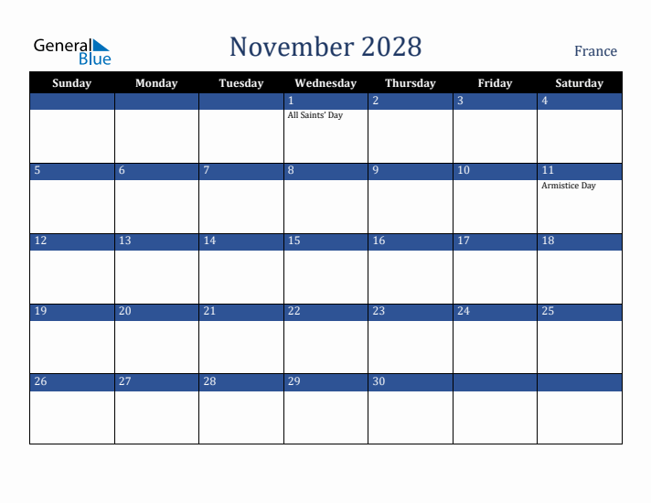 November 2028 France Calendar (Sunday Start)