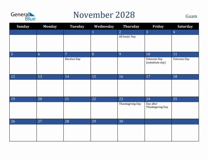 November 2028 Guam Calendar (Sunday Start)