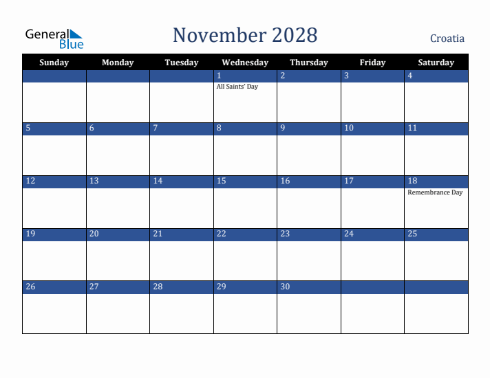 November 2028 Croatia Calendar (Sunday Start)