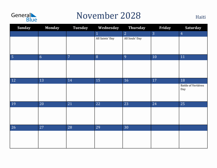 November 2028 Haiti Calendar (Sunday Start)