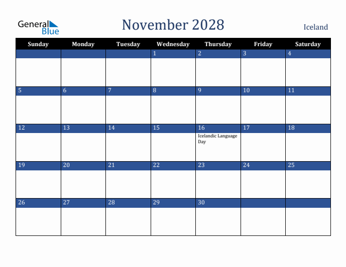 November 2028 Iceland Calendar (Sunday Start)