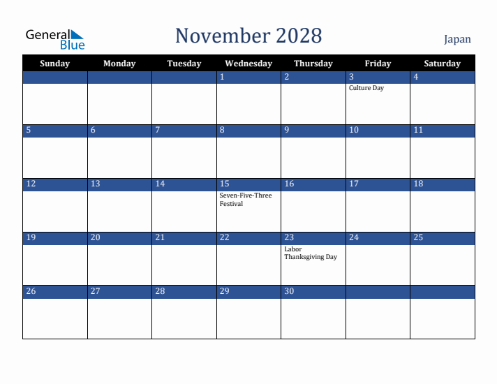 November 2028 Japan Calendar (Sunday Start)