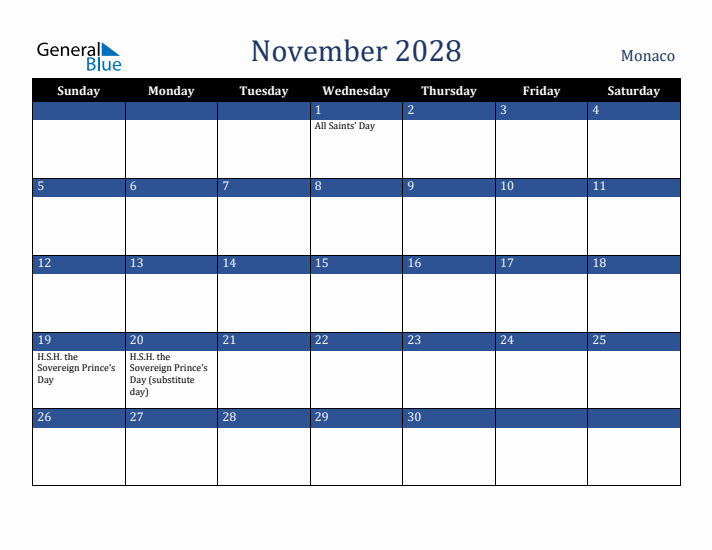 November 2028 Monaco Calendar (Sunday Start)