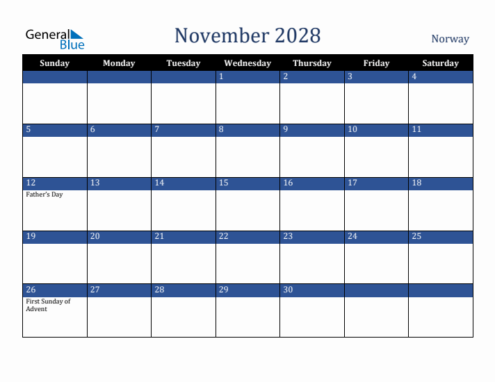 November 2028 Norway Calendar (Sunday Start)