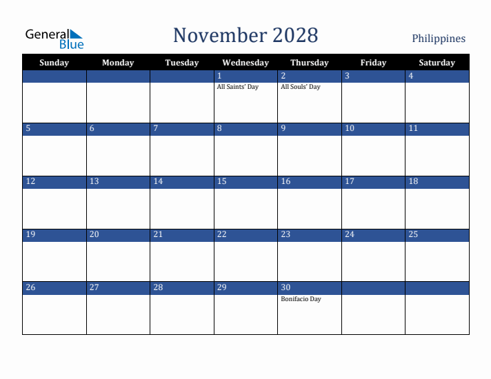 November 2028 Philippines Calendar (Sunday Start)