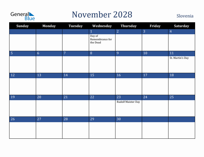 November 2028 Slovenia Calendar (Sunday Start)