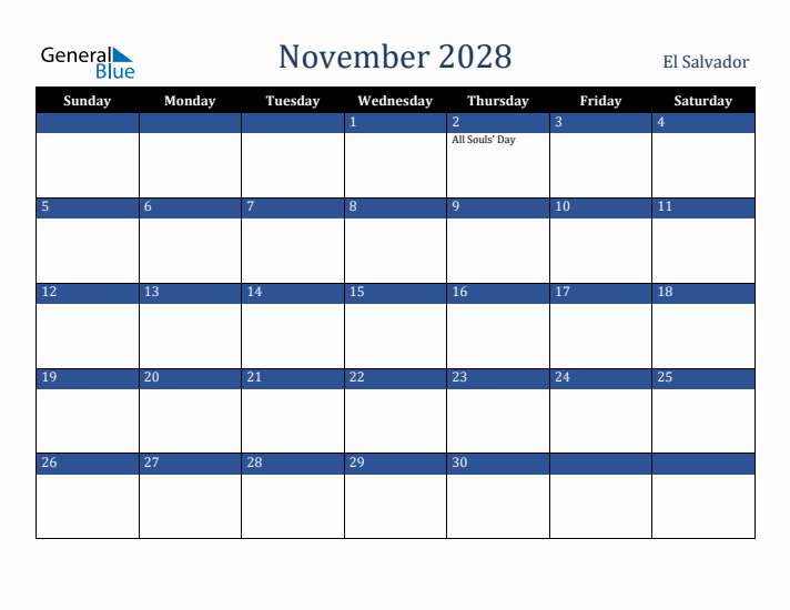November 2028 El Salvador Calendar (Sunday Start)