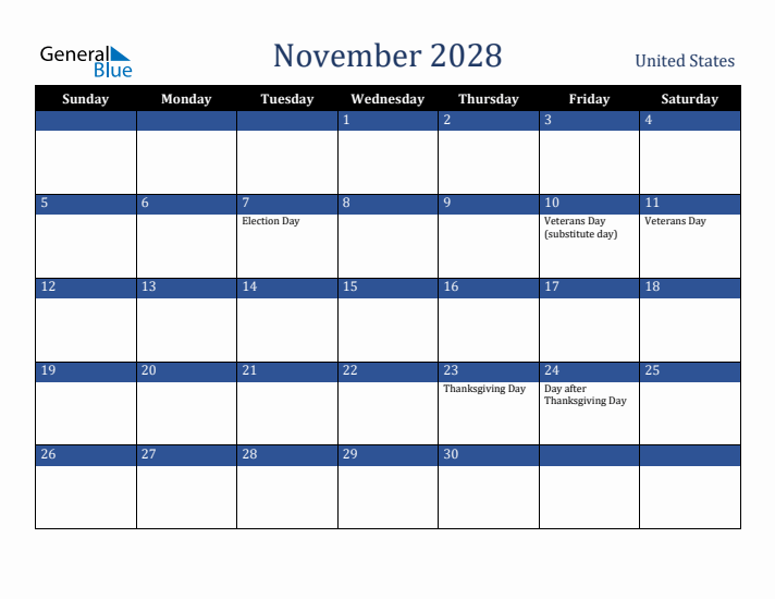 November 2028 United States Calendar (Sunday Start)
