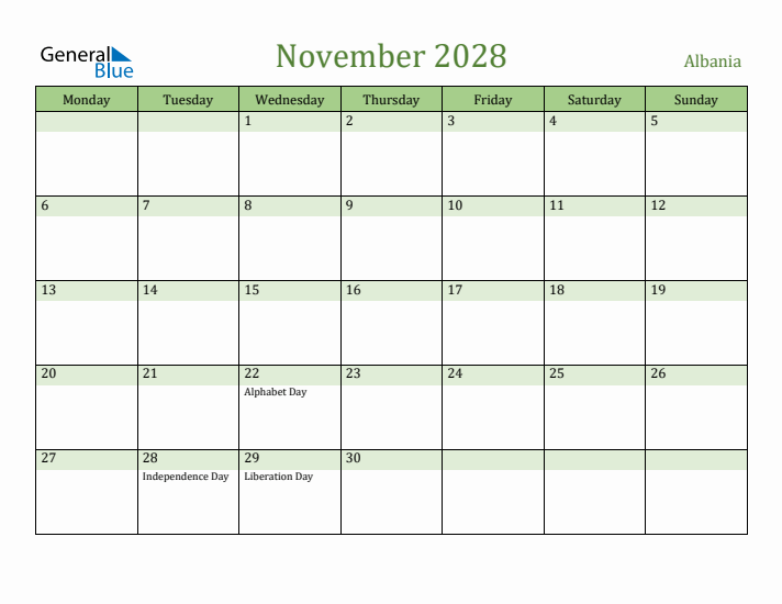 November 2028 Calendar with Albania Holidays