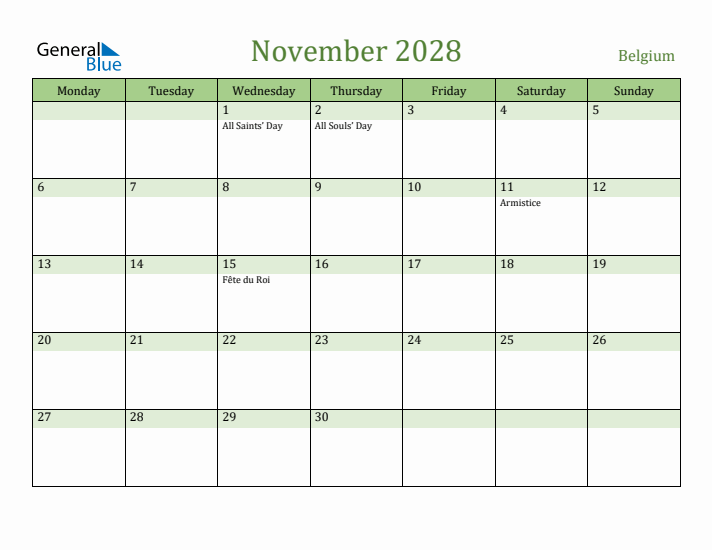 November 2028 Calendar with Belgium Holidays