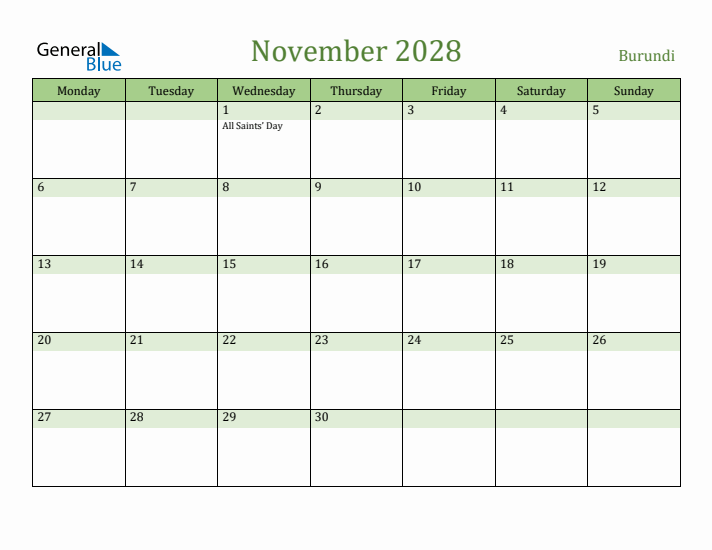 November 2028 Calendar with Burundi Holidays