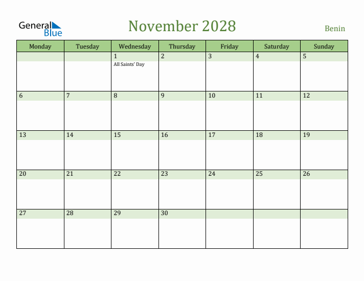 November 2028 Calendar with Benin Holidays