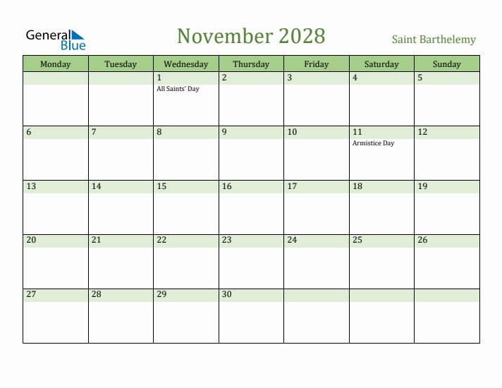 November 2028 Calendar with Saint Barthelemy Holidays