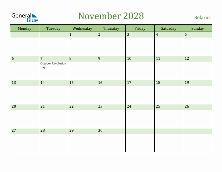 November 2028 Calendar with Belarus Holidays