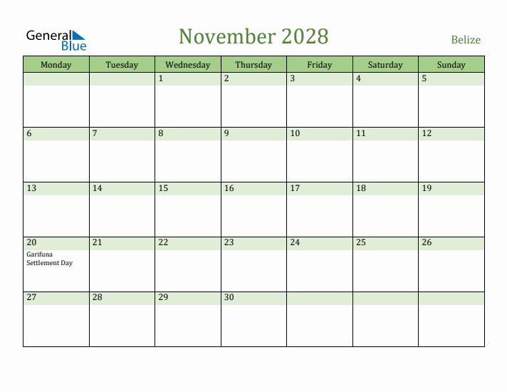 November 2028 Calendar with Belize Holidays