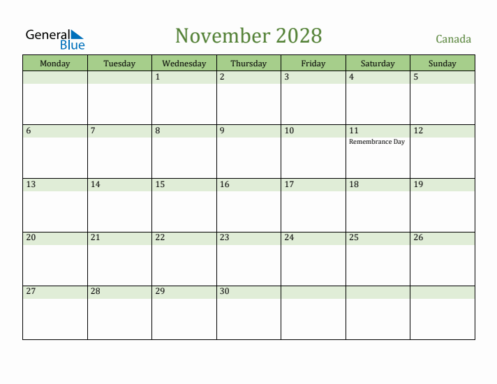 November 2028 Calendar with Canada Holidays