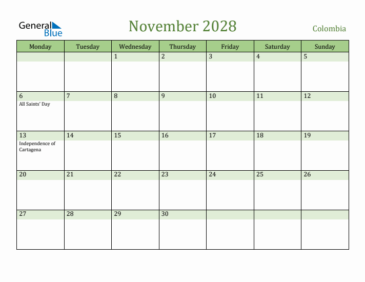 November 2028 Calendar with Colombia Holidays