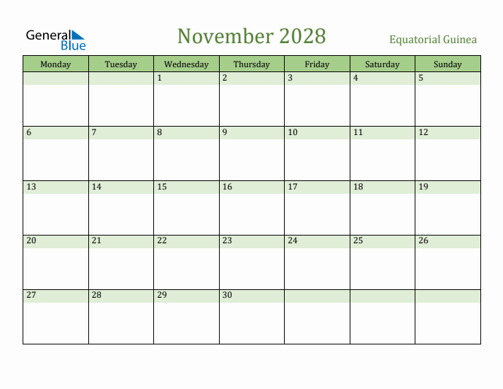 November 2028 Calendar with Equatorial Guinea Holidays