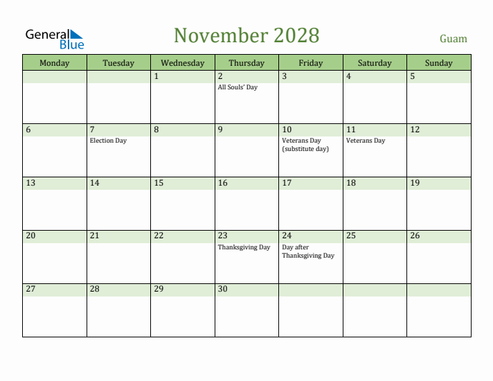 November 2028 Calendar with Guam Holidays