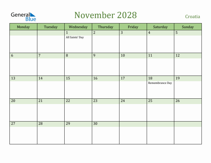 November 2028 Calendar with Croatia Holidays