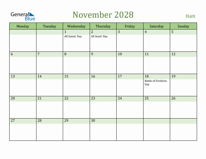 November 2028 Calendar with Haiti Holidays