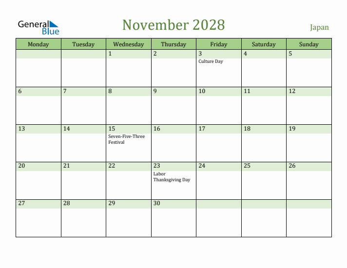 November 2028 Calendar with Japan Holidays