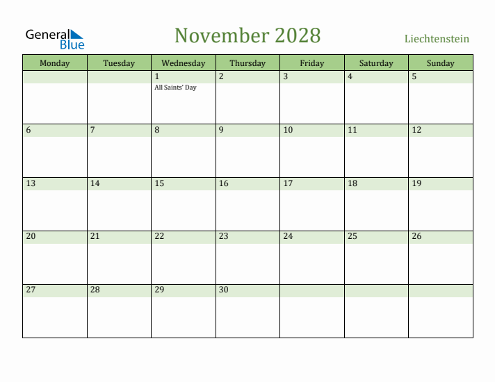 November 2028 Calendar with Liechtenstein Holidays