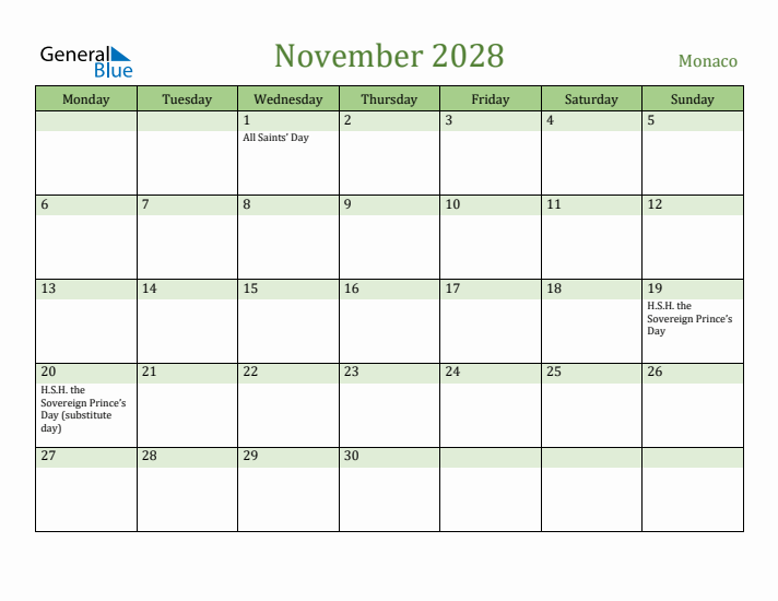 November 2028 Calendar with Monaco Holidays
