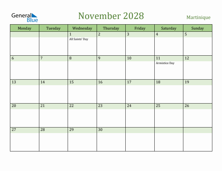 November 2028 Calendar with Martinique Holidays