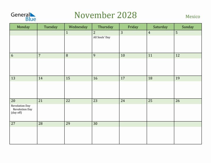 November 2028 Calendar with Mexico Holidays