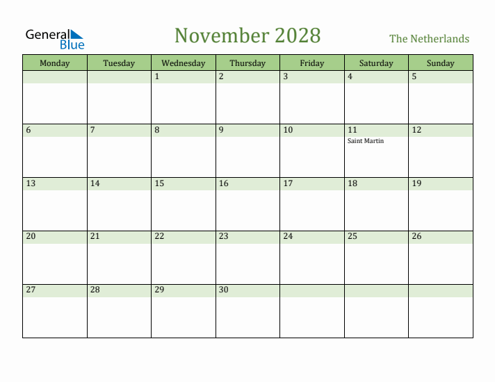 November 2028 Calendar with The Netherlands Holidays