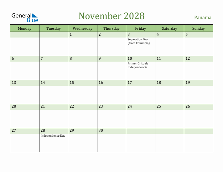November 2028 Calendar with Panama Holidays