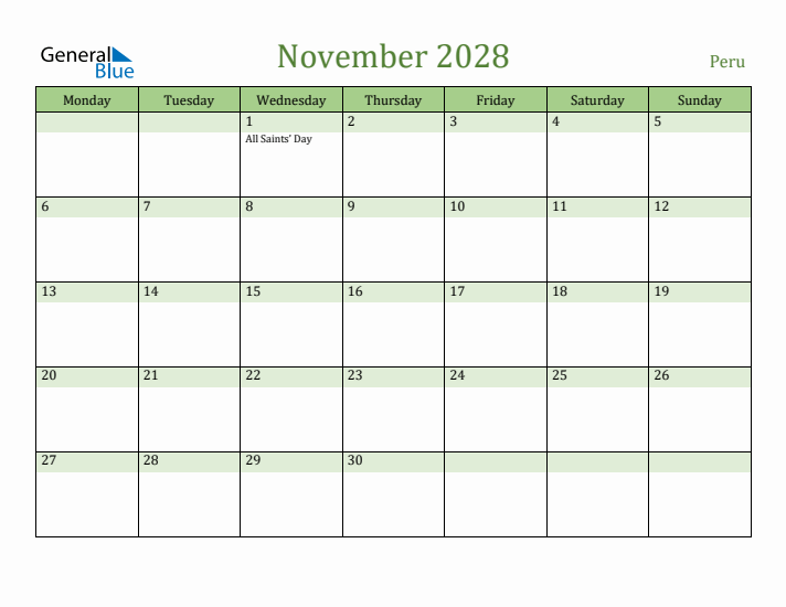 November 2028 Calendar with Peru Holidays